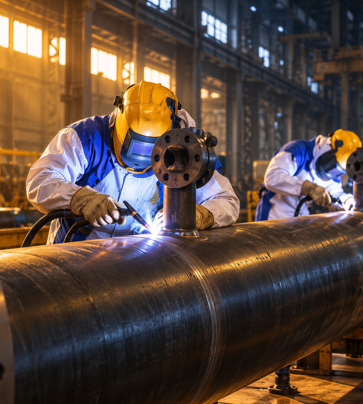 Welders in protective gear working on a pipe spool