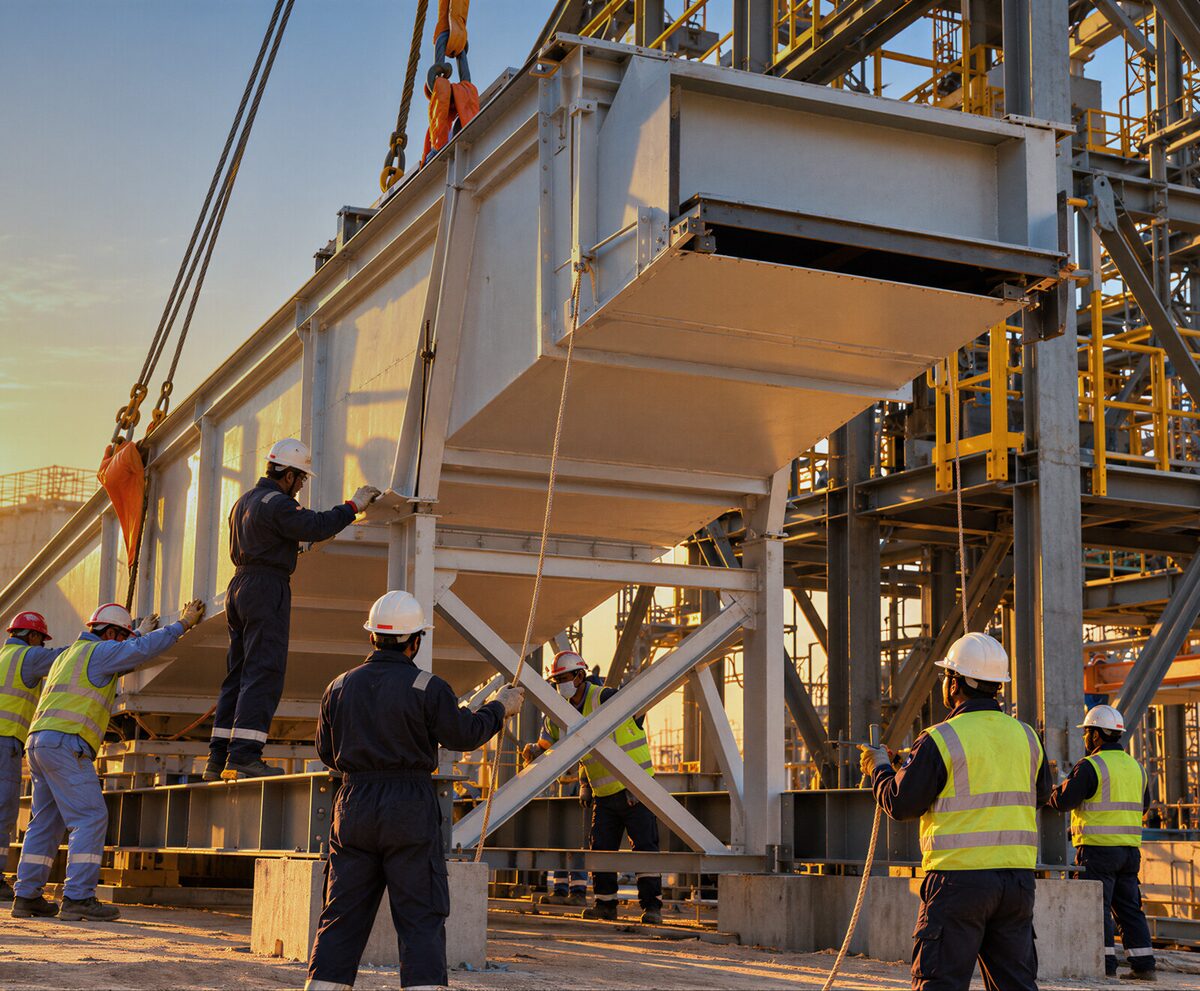 Construction team guiding a crane lift